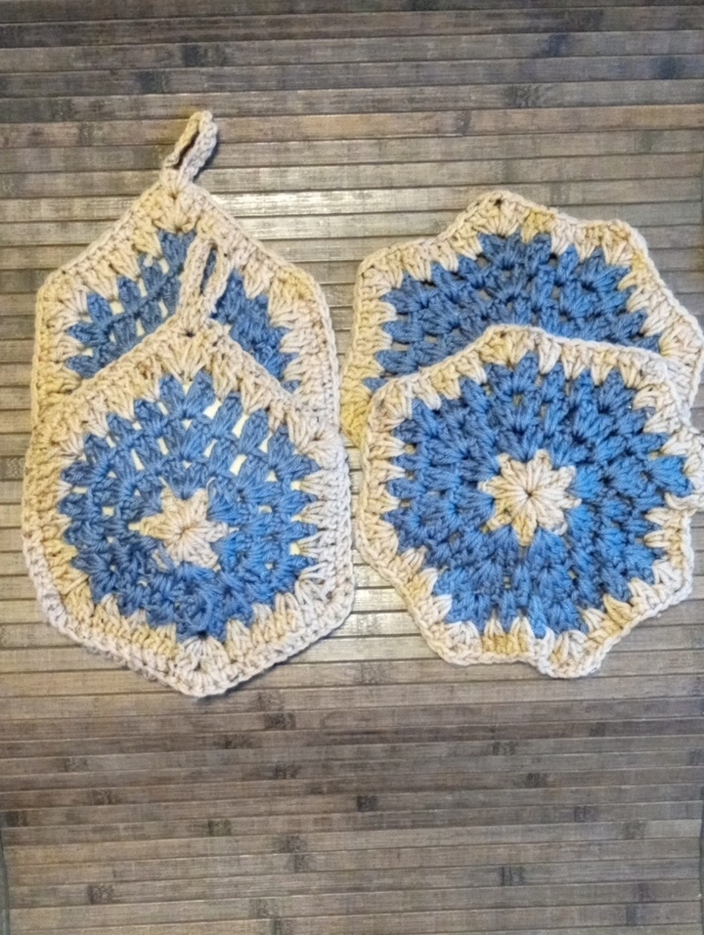 Vintage Handmade Blue and Cream Crochet Pot Holders - Set of